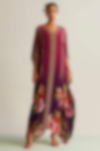 Wine Ombre Natural Crepe Printed Kaftan by Kalista