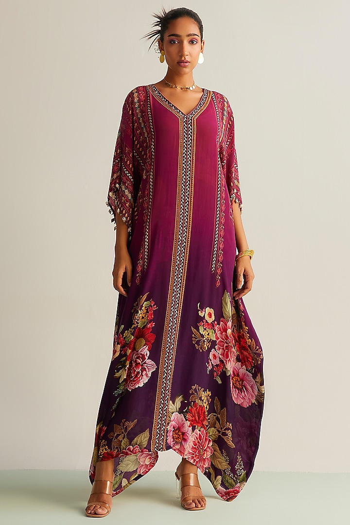 Wine Ombre Natural Crepe Printed Kaftan by Kalista