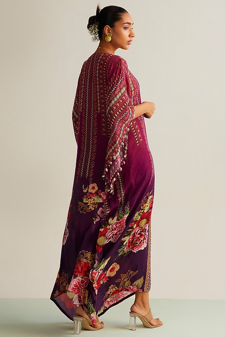 Wine Ombre Natural Crepe Printed Kaftan by Kalista at Pernia's Pop Up Shop