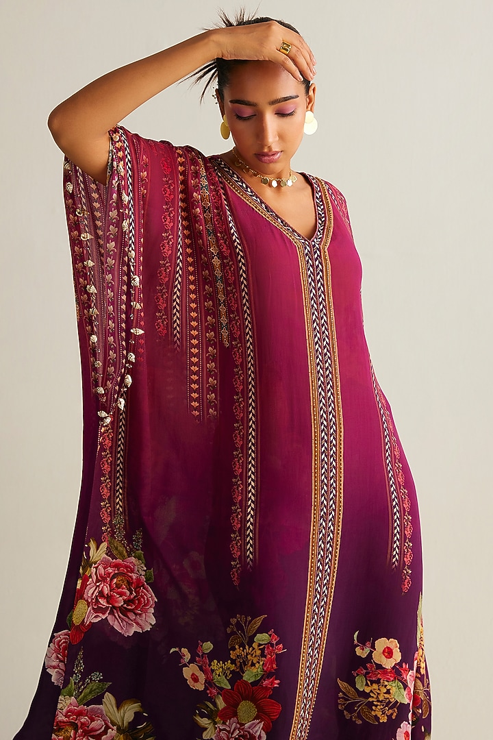Wine Ombre Natural Crepe Printed Kaftan by Kalista at Pernia's Pop Up Shop