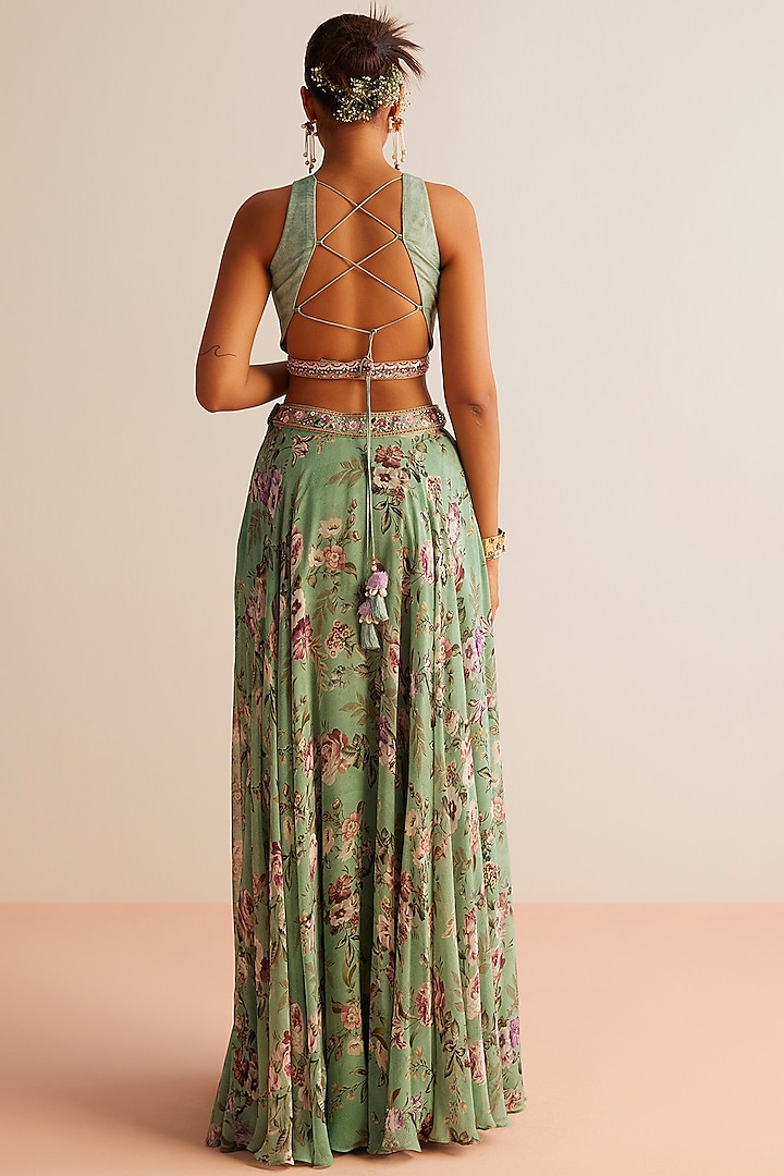 Mint Green Viscose Georgette Printed Wedding Lehenga Set by Kalista at Pernia's Pop Up Shop