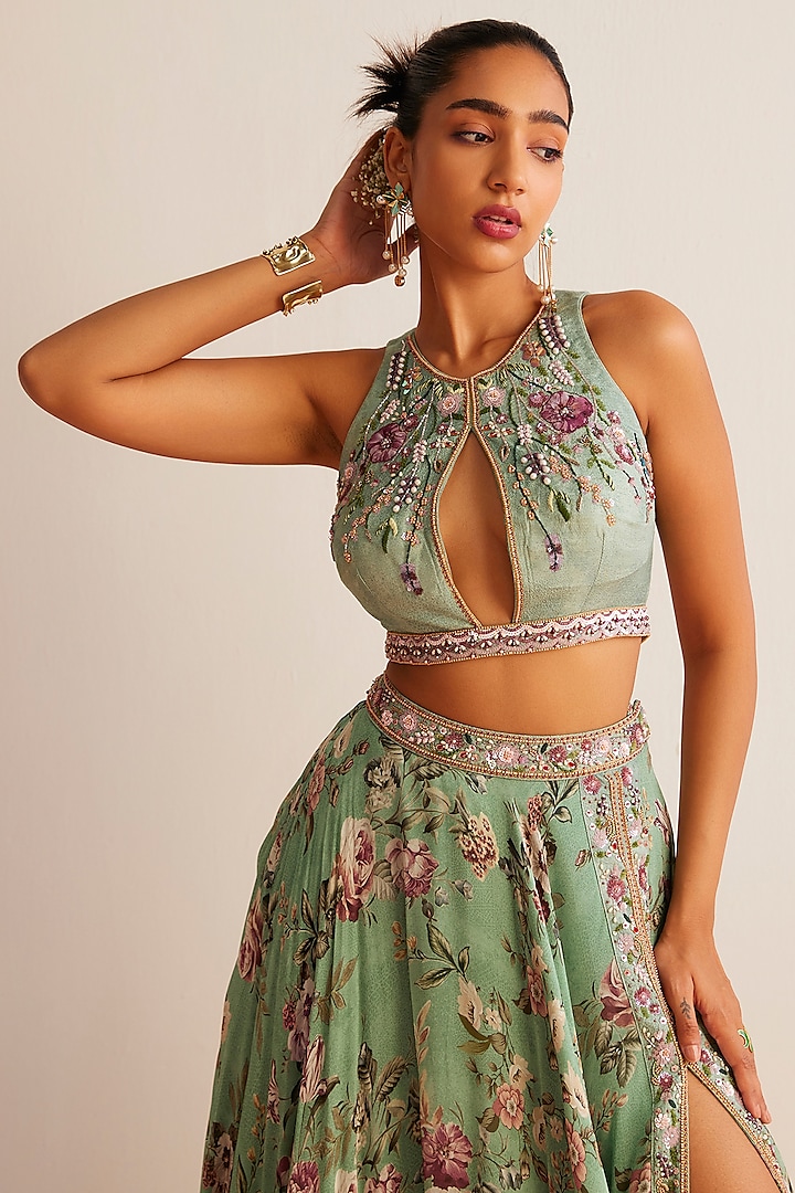Mint Green Viscose Georgette Printed Wedding Lehenga Set by Kalista at Pernia's Pop Up Shop