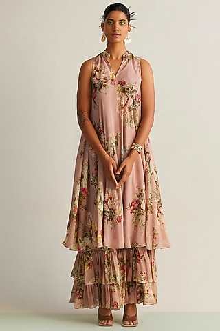 Mauve Viscose Chinon Printed Sharara Set by Kalista