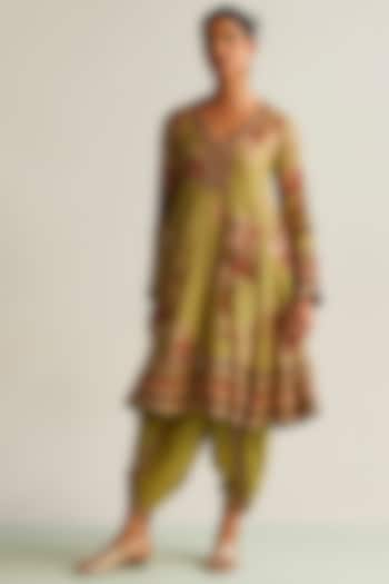 Olive Green Cotton Silk Printed Anarkali Set by Kalista at Pernia's Pop Up Shop