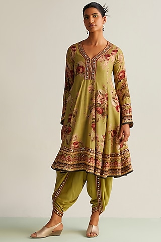 Olive Green Cotton Silk Printed Anarkali Set by Kalista