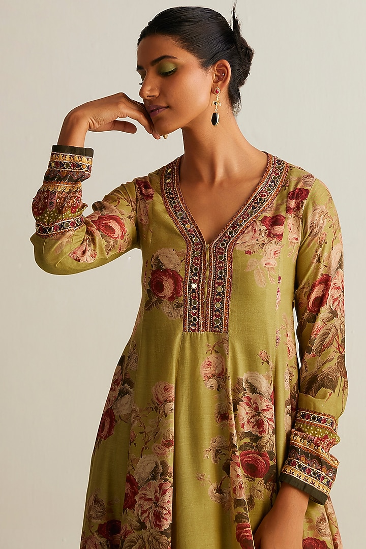 Olive Green Cotton Silk Printed Party Wear Anarkali Set by Kalista at Pernia's Pop Up Shop