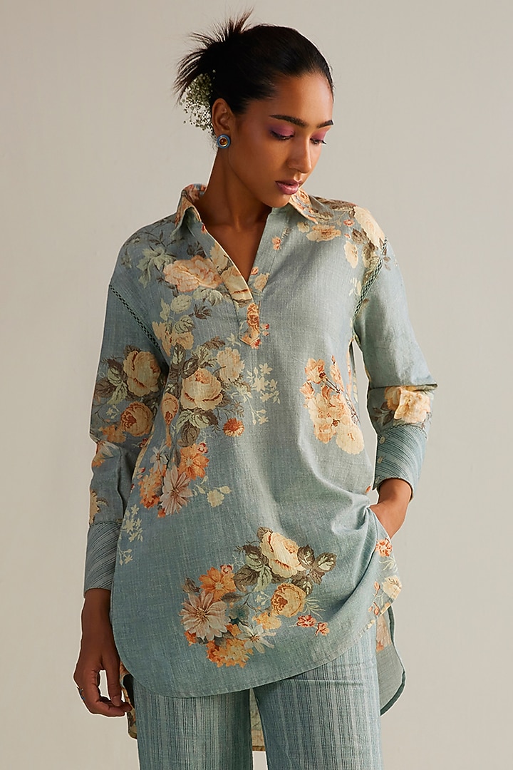 Aqua Viscose Slub Printed Co-Ord Set by Kalista at Pernia's Pop Up Shop