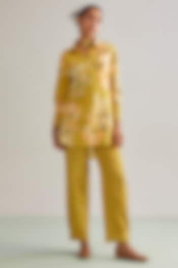 Yellow Viscose Slub Printed Co-Ord Set by Kalista