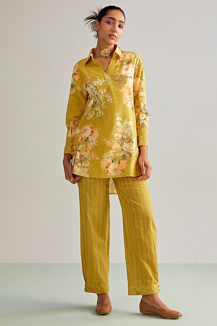 Yellow Viscose Slub Printed Co-Ord Set by Kalista