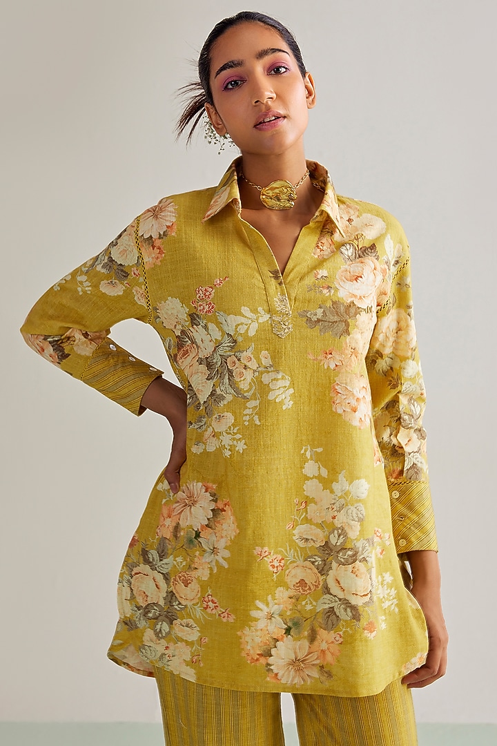 Yellow Viscose Slub Printed Co-Ord Set by Kalista at Pernia's Pop Up Shop
