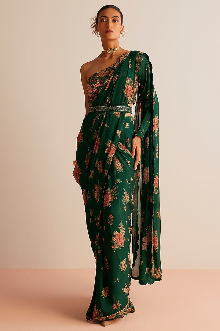 Bottle Green Viscose Georgette Printed Pre-Draped Saree Set by Kalista