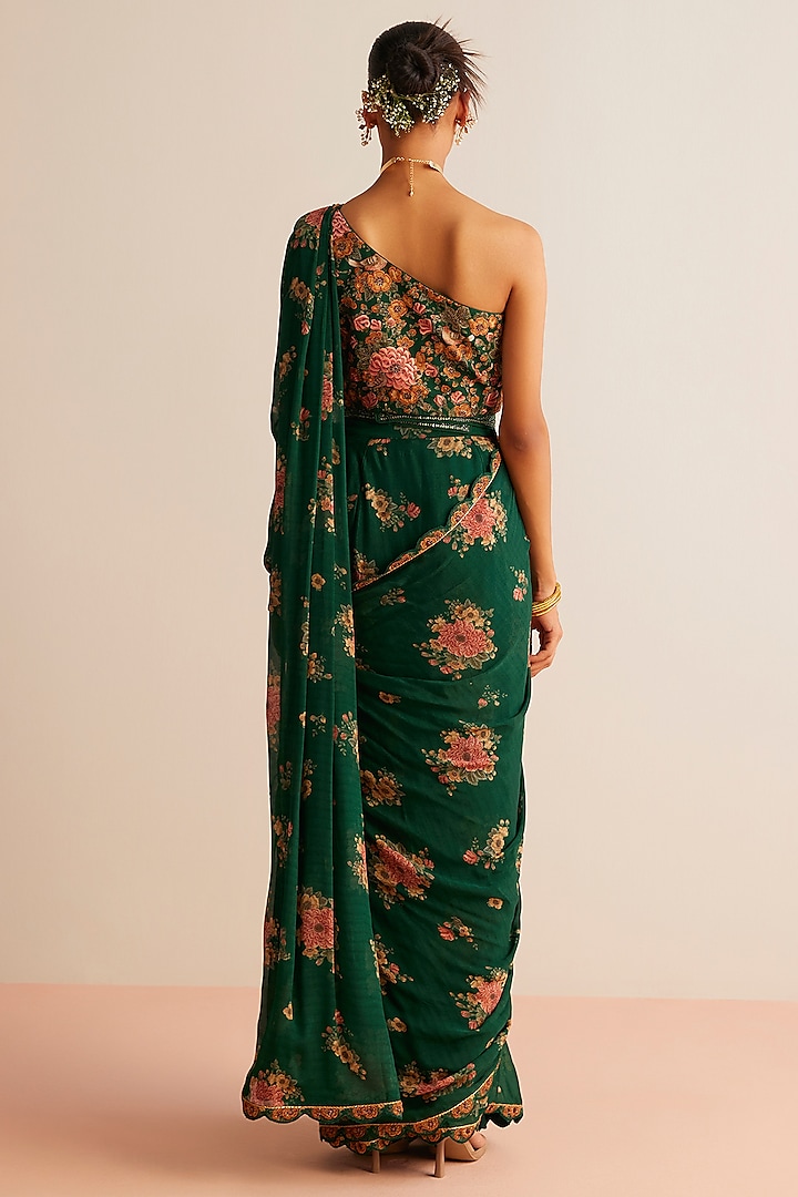 Bottle Green Viscose Georgette Printed Pre-Draped Wedding Saree Set by Kalista at Pernia's Pop Up Shop