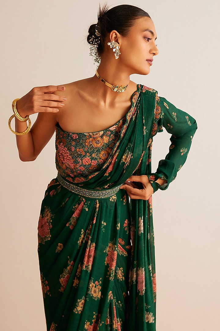 Bottle Green Viscose Georgette Printed Pre-Draped Wedding Saree Set by Kalista at Pernia's Pop Up Shop