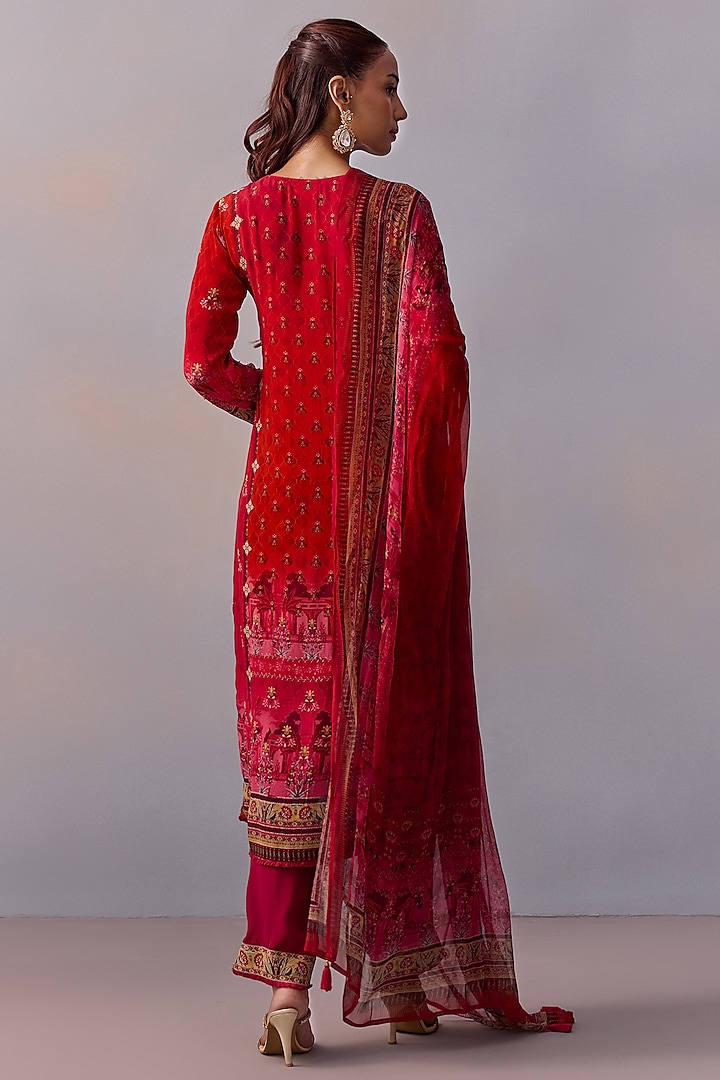 Red Viscose Crepe Printed & Embroidered Straight Kurta Set by Kalista at Pernia's Pop Up Shop