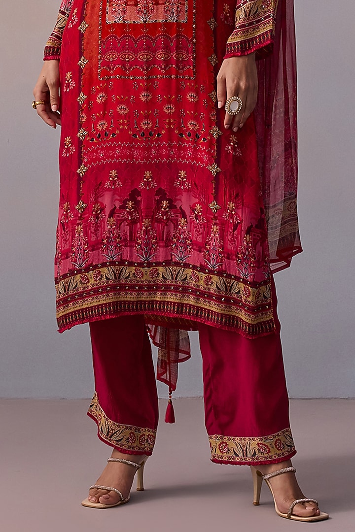 Red Viscose Crepe Printed & Embroidered Straight Kurta Set by Kalista at Pernia's Pop Up Shop