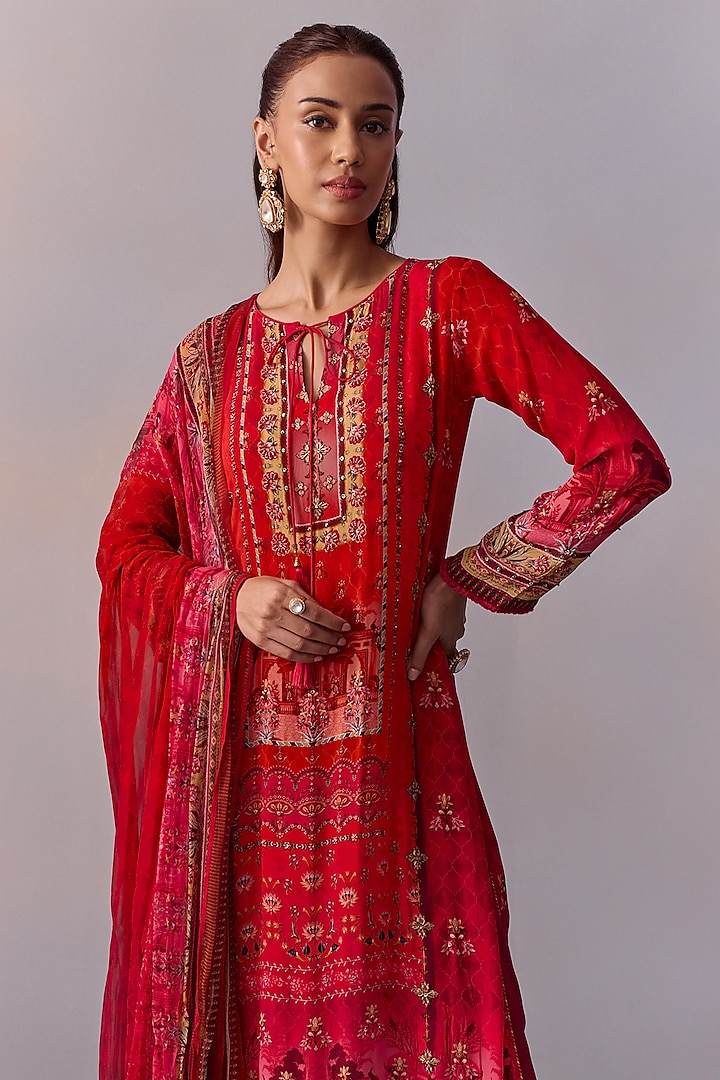 Red Viscose Crepe Printed & Embroidered Straight Kurta Set by Kalista at Pernia's Pop Up Shop