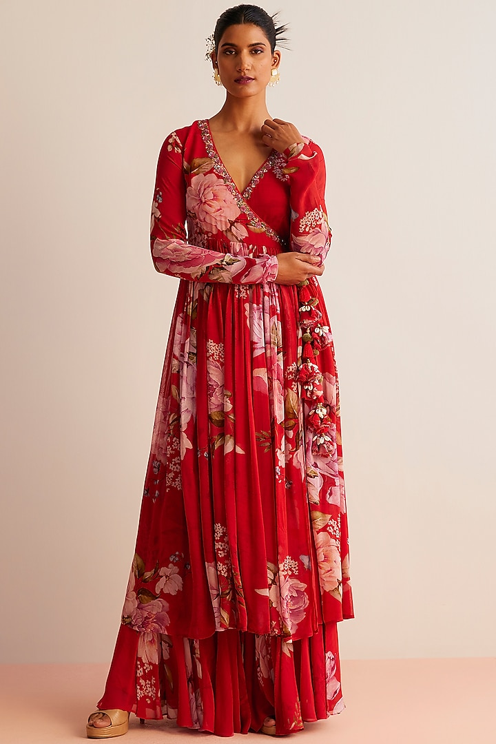 Red Viscose Georgette Printed Angrakha Set by Kalista