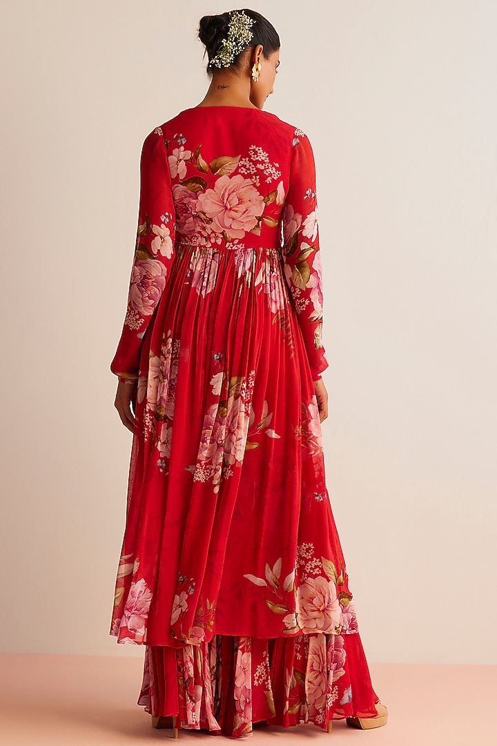 Red Viscose Georgette Printed Angrakha Set by Kalista at Pernia's Pop Up Shop