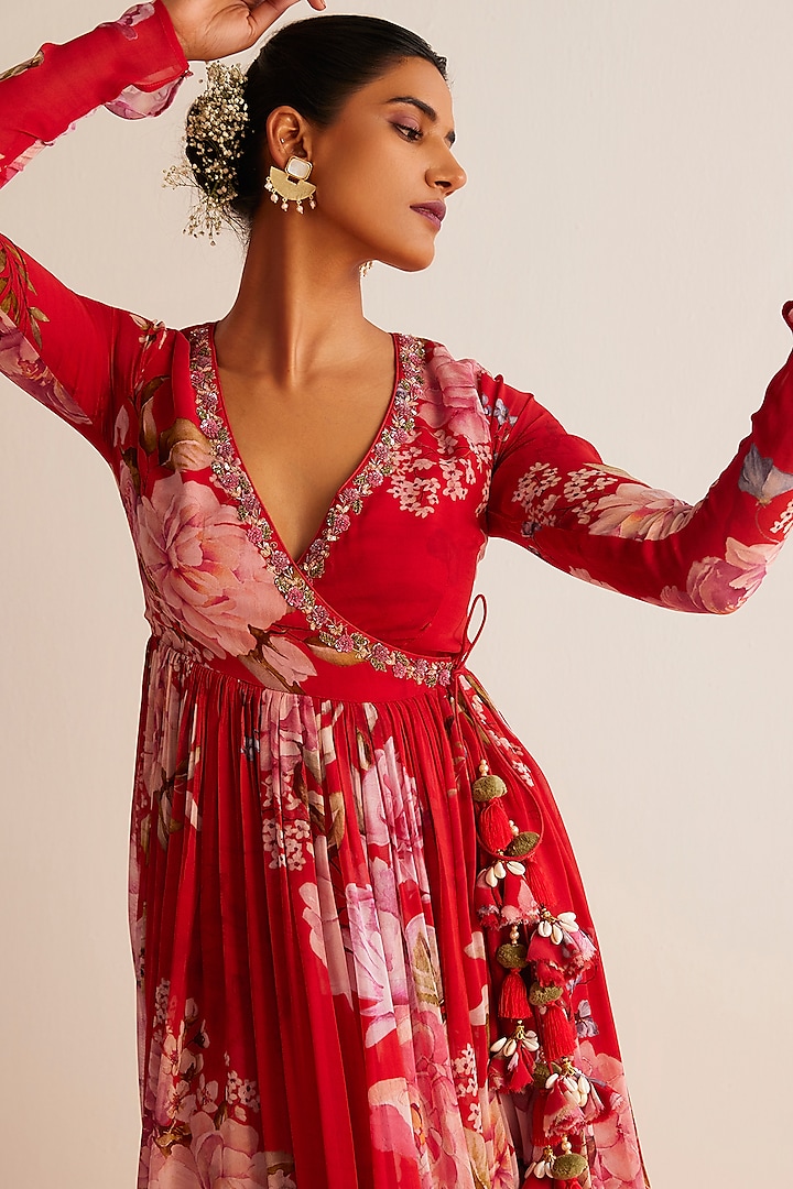 Red Viscose Georgette Printed Angrakha Set by Kalista at Pernia's Pop Up Shop