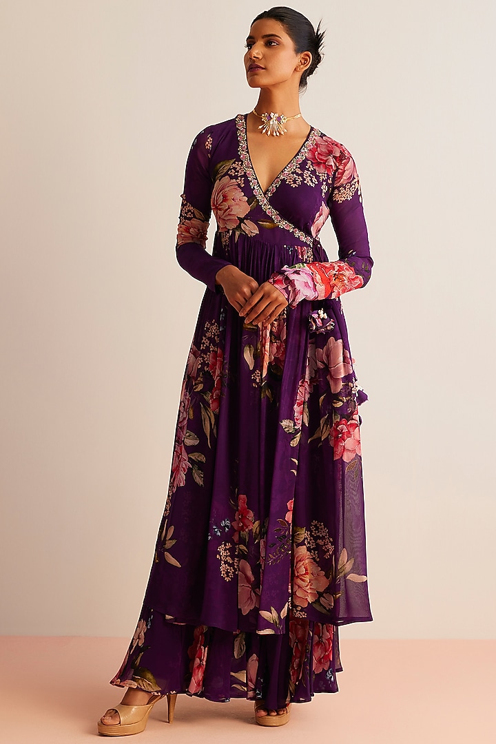 Purple Viscose Georgette Printed Angrakha Set by Kalista