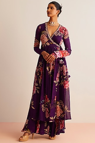 Purple Viscose Georgette Printed Angrakha Set by Kalista