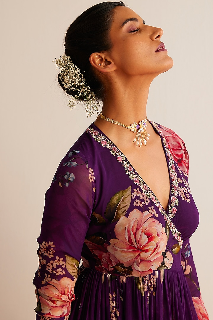 Purple Viscose Georgette Printed Angrakha Set by Kalista at Pernia's Pop Up Shop