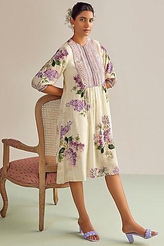 Off-White Cotton Silk Dress by Kalista