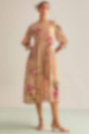 Beige Cotton Silk Printed Midi Dress by Kalista at Pernia's Pop Up Shop