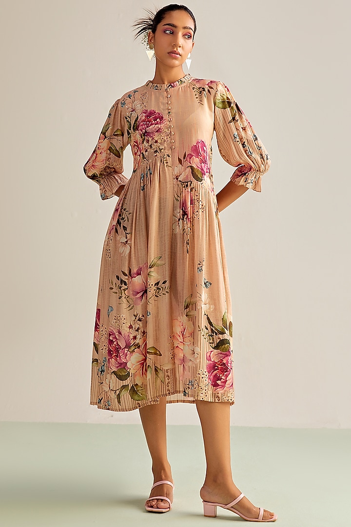 Beige Cotton Silk Printed Midi Dress by Kalista