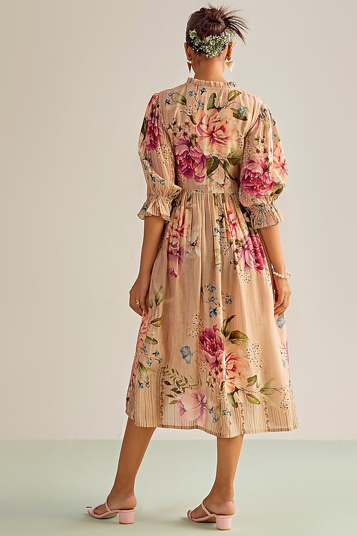 Beige Cotton Silk Printed Midi Summer Dress by Kalista at Pernia's Pop Up Shop