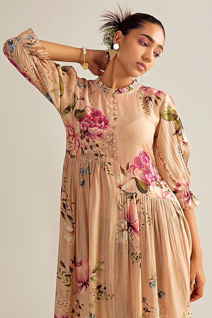 Beige Cotton Silk Printed Midi Summer Dress by Kalista at Pernia's Pop Up Shop