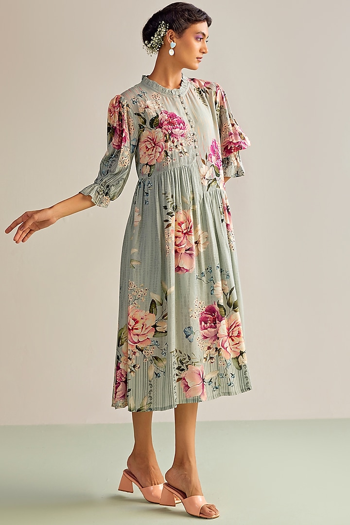 Aqua Cotton Silk Printed Midi Summer Dress by Kalista at Pernia's Pop Up Shop