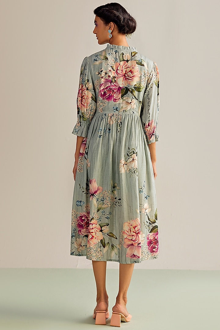 Aqua Cotton Silk Printed Midi Summer Dress by Kalista at Pernia's Pop Up Shop