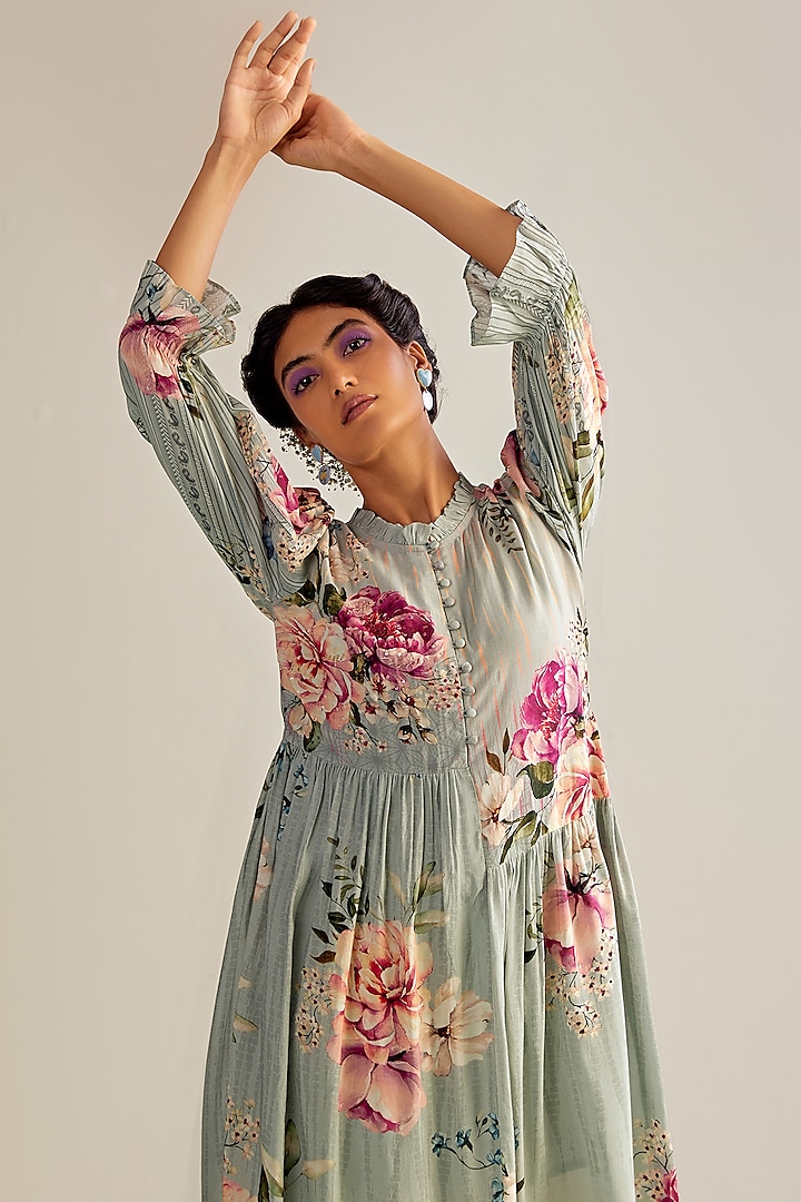Aqua Cotton Silk Printed Midi Summer Dress by Kalista at Pernia's Pop Up Shop