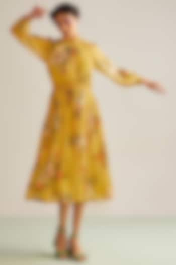 Yellow Viscose Chinon Printed Midi Dress by Kalista