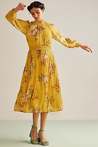 Yellow Viscose Chinon Printed Midi Dress by Kalista