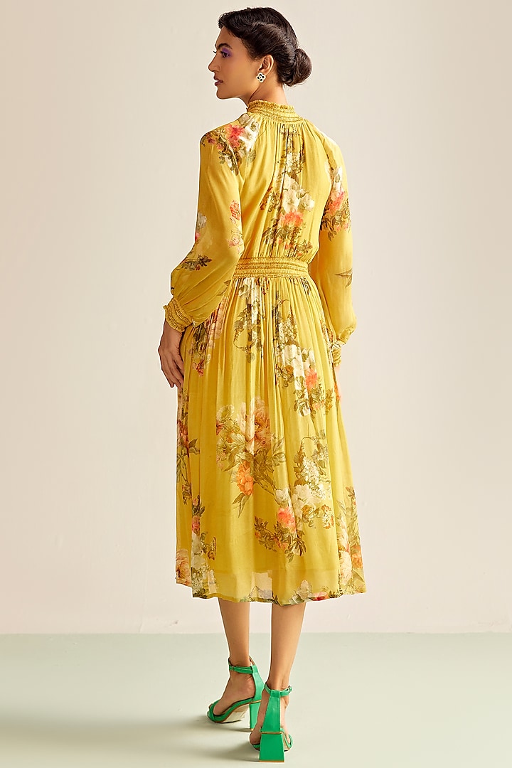 Yellow Viscose Chinon Printed Midi Summer Dress by Kalista at Pernia's Pop Up Shop