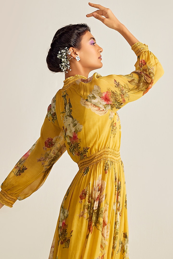 Yellow Viscose Chinon Printed Midi Summer Dress by Kalista at Pernia's Pop Up Shop