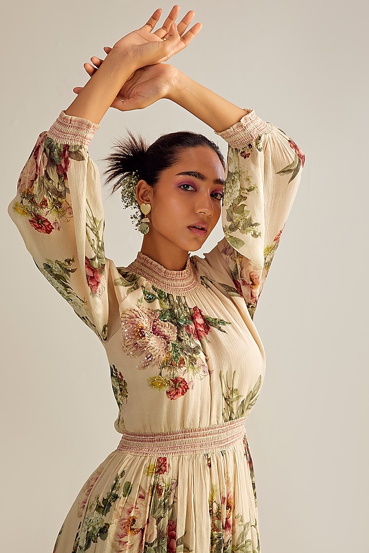 Off-White Viscose Chinon Printed Midi Summer Dress by Kalista at Pernia's Pop Up Shop