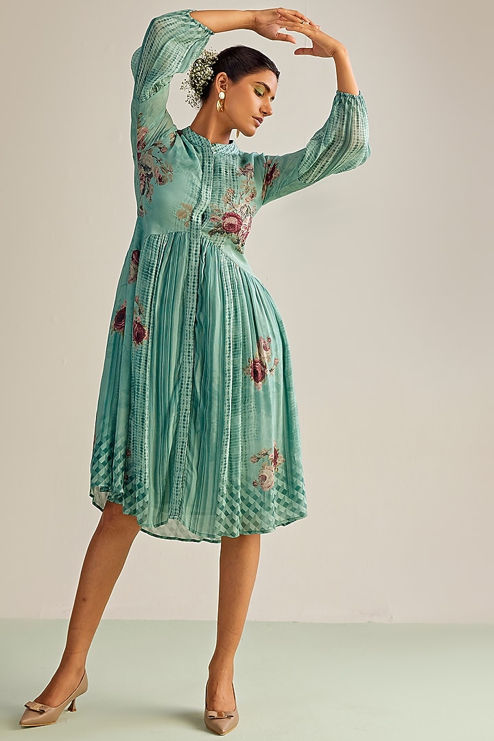 Powder Blue Viscose Chinon Printed Summer Dress by Kalista at Pernia's Pop Up Shop