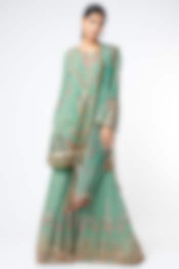Pista Green Floral Printed & Embroidered Party Wear Sharara Set by Kalista at Pernia's Pop Up Shop