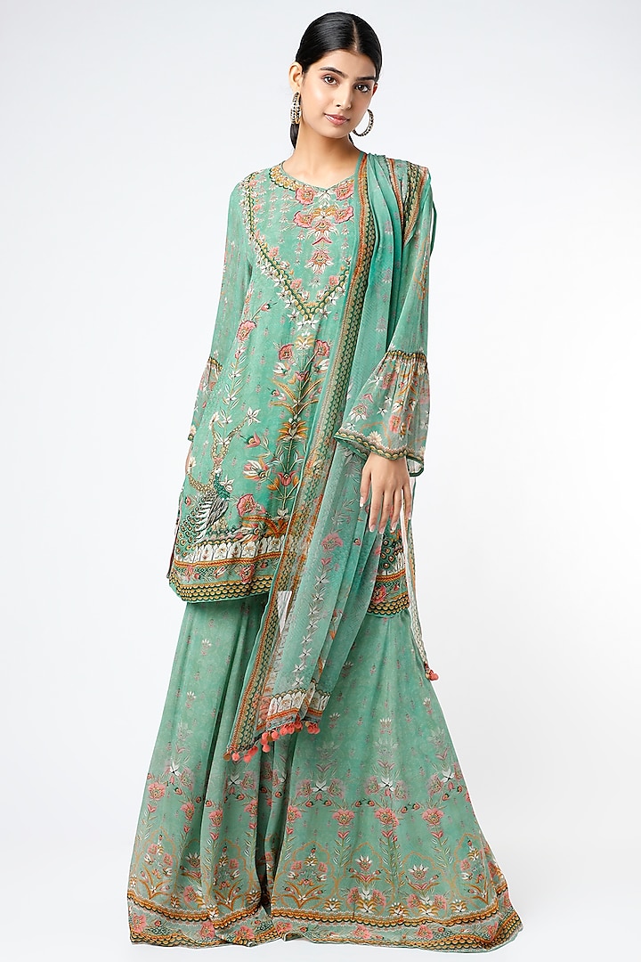 Pista Green Floral Printed & Embroidered Sharara Set by Kalista