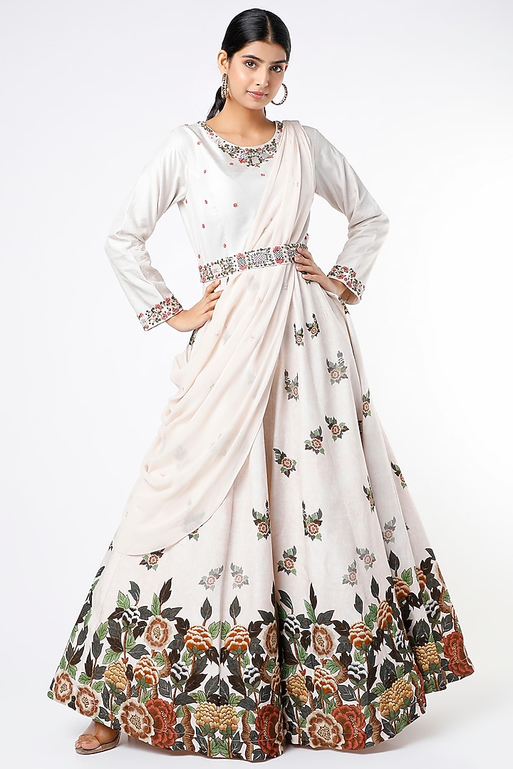 White Floral Embroidered Gown With Draped Dupatta by Kalista