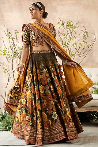 Brown Floral Printed Lehenga Set by Kalista