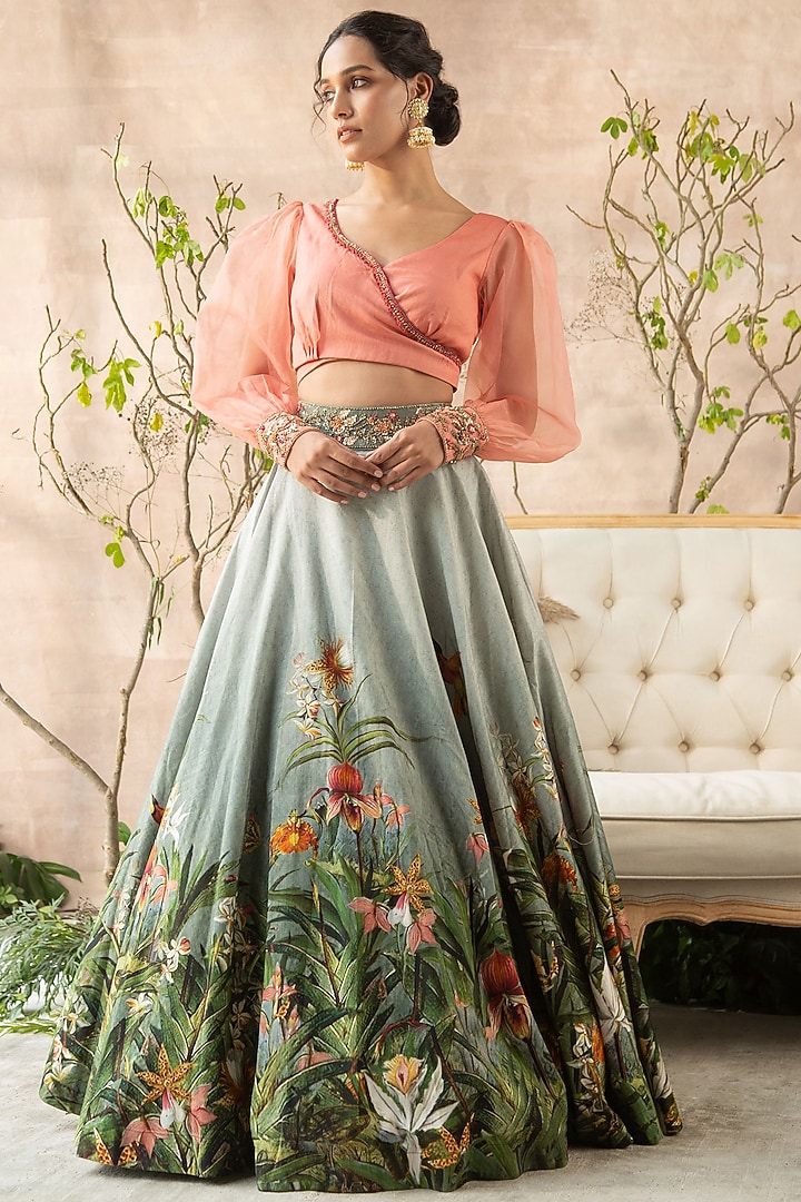 Grey Floral Printed Wedding Lehenga Set by Kalista at Pernia's Pop Up Shop