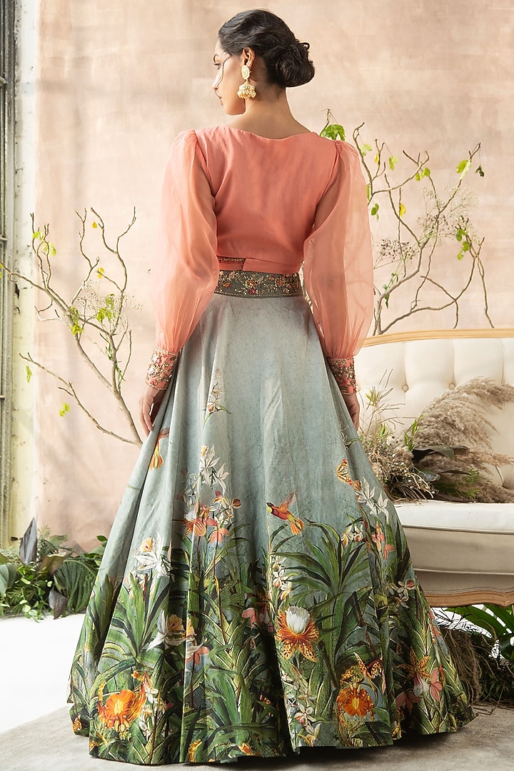 Grey Floral Printed Wedding Lehenga Set by Kalista at Pernia's Pop Up Shop