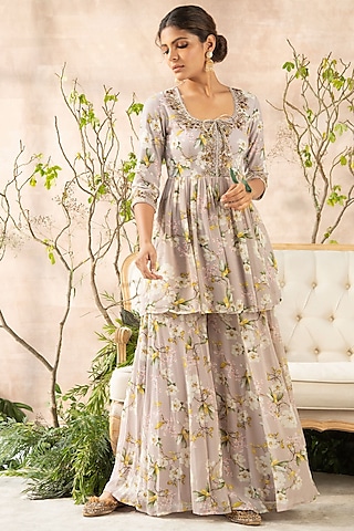Lilac Georgette Floral Printed Flared Gharara Set by Kalista