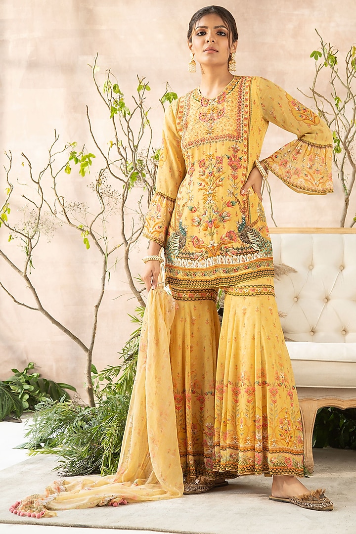 Yellow Georgette Embellished Flared Gharara Set by Kalista