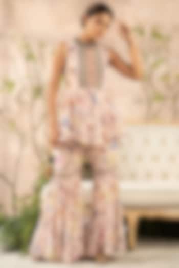 Blush Pink Georgette Floral Printed Flared Gharara Set by Kalista at Pernia's Pop Up Shop
