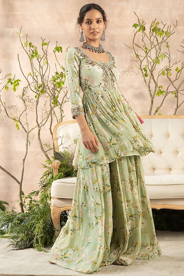 Mint Green Georgette Floral Printed Gharara Set by Kalista